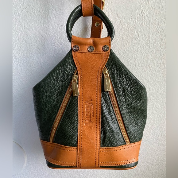Valentina Pebbled Leather Forest Green Tan Sling Bag/Backpack